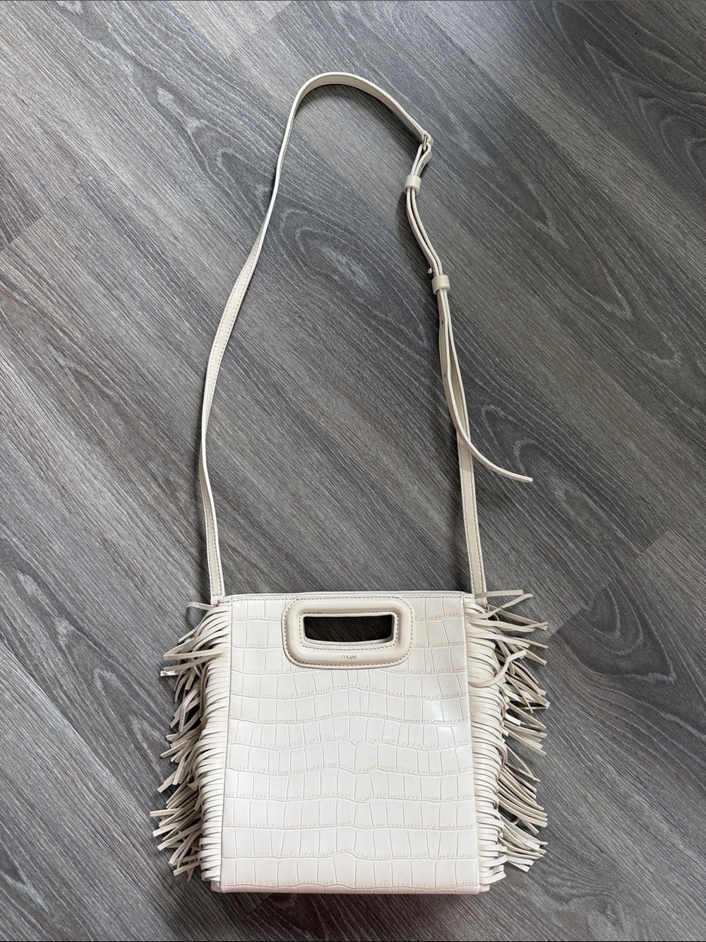 Maje Cream Croc-Embossed Fringe Crossbody Bag
